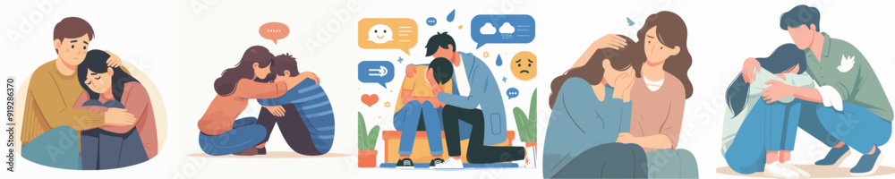 Poster vector set of a man hugging a sad friend