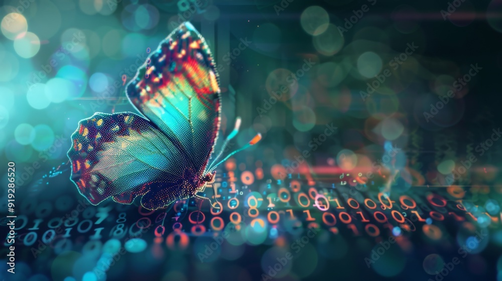 Poster the concept of digital transformation with a pixelated butterfly emerging from binary code, symboliz