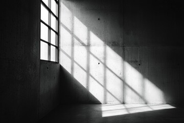 Obraz premium A window in a black-and-white industrial loft, with sharp sunlight casting dramatic shadows on concrete walls. 