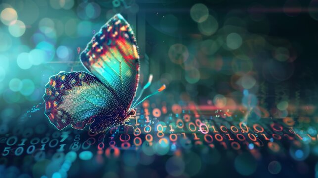 The concept of digital transformation with a pixelated butterfly emerging from binary code, symbolizing the evolution of technology and business.