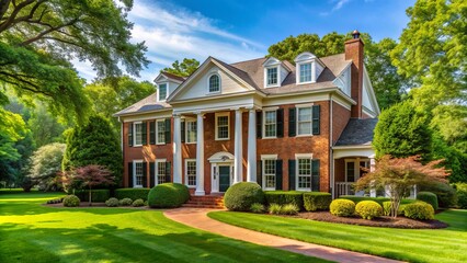 Fototapeta premium Charming traditional brick colonial house with white columns and lush green lawn, surrounded by mature trees, in a serene Virginia suburban neighborhood setting.