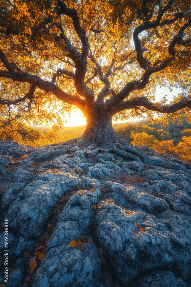 Poster an ancient oak tree, its branches whispering the wisdom of the wild with every movement in the breez