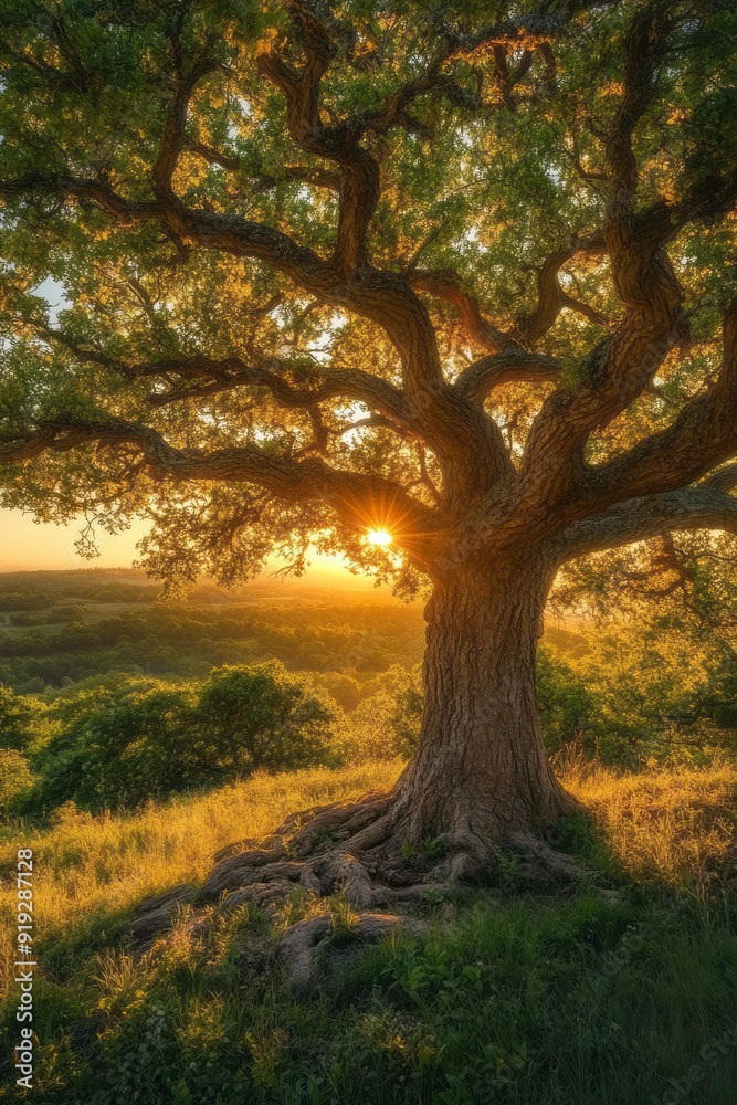 Poster an ancient oak tree, its branches whispering the wisdom of the wild with every movement in the breez