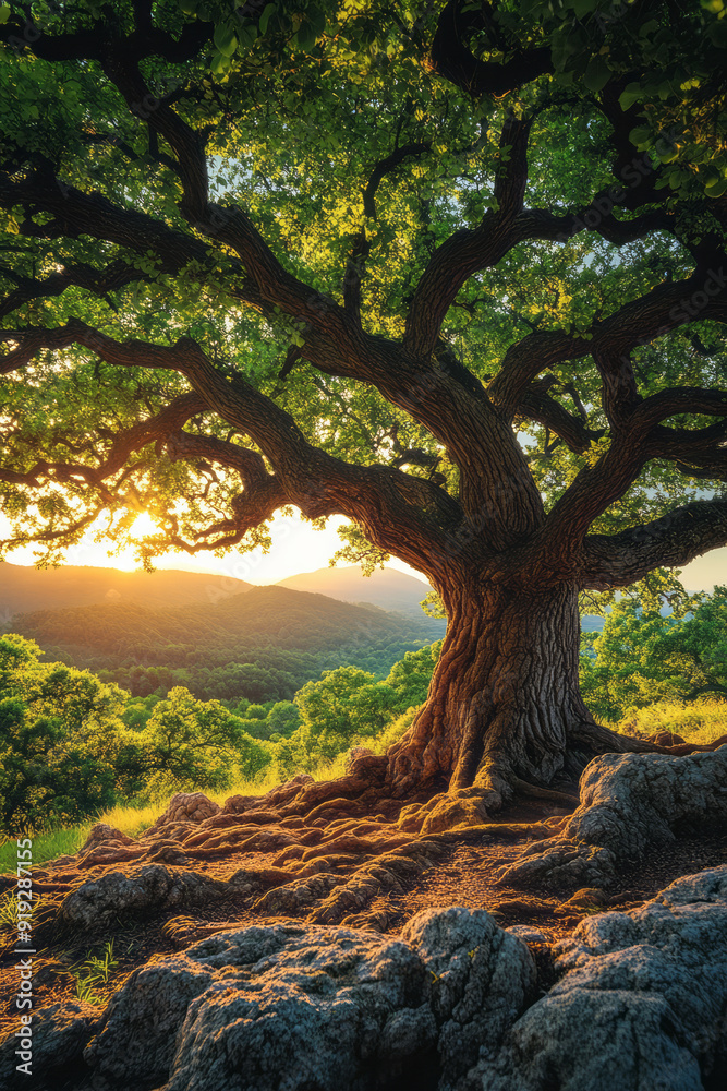 Poster an ancient oak tree, its branches whispering the wisdom of the wild with every movement in the breez