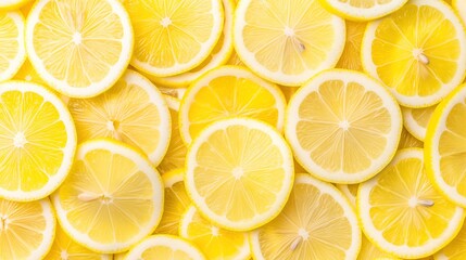 A vibrant and refreshing arrangement of fresh lemon slices, capturing the bright yellow color and juicy texture.