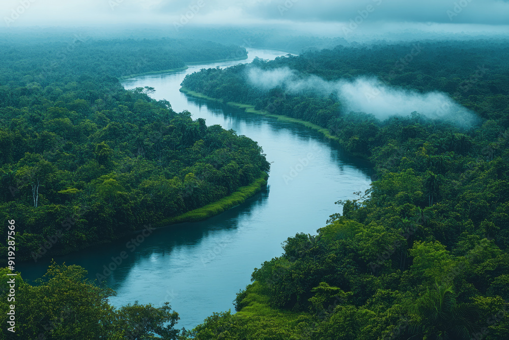 Poster A river winding through a dense forest, where the whispers of the wild are found in the soft lapping of water against the shore,