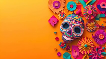 Colorful skull celebrating day of the dead on yellow background