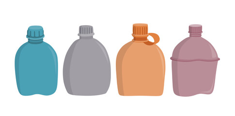 Military flask vector set cute cartoon style.
