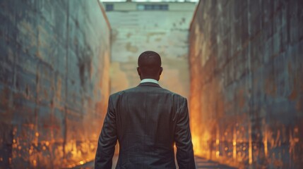Obraz premium Man in a suit stands before a fiery backdrop in an urban alley at dusk