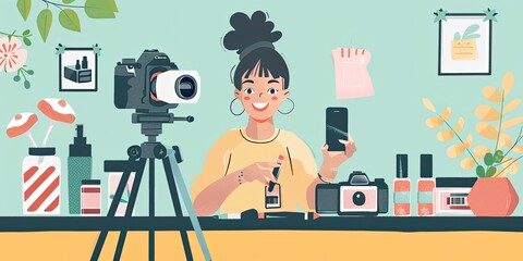 Woman vlogging makeup products for camera.