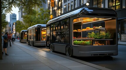 Fototapeta premium A fleet of foodtech trucks, equipped with the latest advancements in food technology, offering a glimpse into the future of mobile dining and sustainable foods.