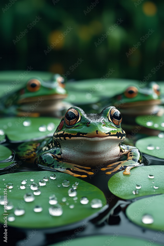 Poster a magical gathering of frogs on lily pads in a hidden pond, their croaks creating an eerie, rhythmic