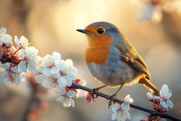 A robin perched on a blossoming branch, its song filling the air with the essence of spring,