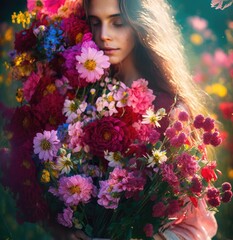 Naklejka premium A woman is holding a bouquet. Girl with flowers. Generative Ai.