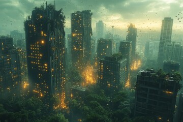 surreal cityscape of crumbling futuristic buildings nature reclaiming urban spaces soft apocalyptic lighting blend of destruction and rebirth