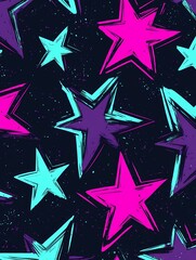 Obraz premium Seamless pattern with neon stars on a black background.