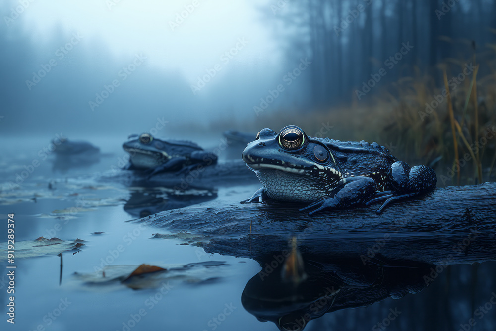 Poster a foggy night in the wetlands where frogs gather on floating logs, their croaks weaving together int