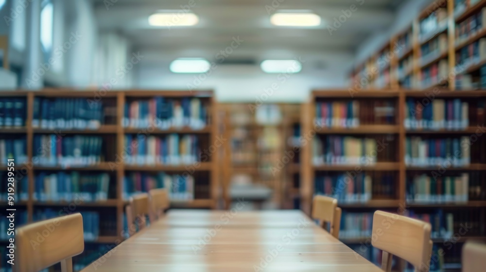 Poster a long table with chairs in a quiet library setting