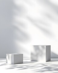 Fototapeta premium two white cube podium with shadow on the background, mockup stage for product presentation in minimalistic interior, 