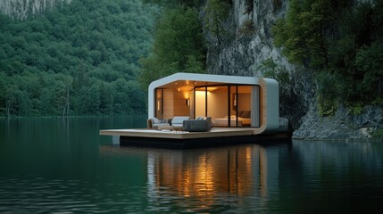 A modern eco-friendly cabin boat, drifting on a peaceful lake, offering a blissful retreat amidst wilderness and natural beauty, perfect for an adventurous getaway.