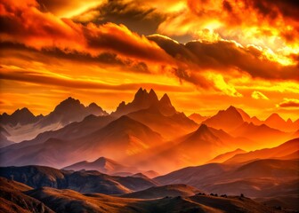 Vibrant orange hues illuminate the sky as layered mountain ranges recede into the distance, their rugged silhouettes forming a dramatic, awe-inspiring landscape.