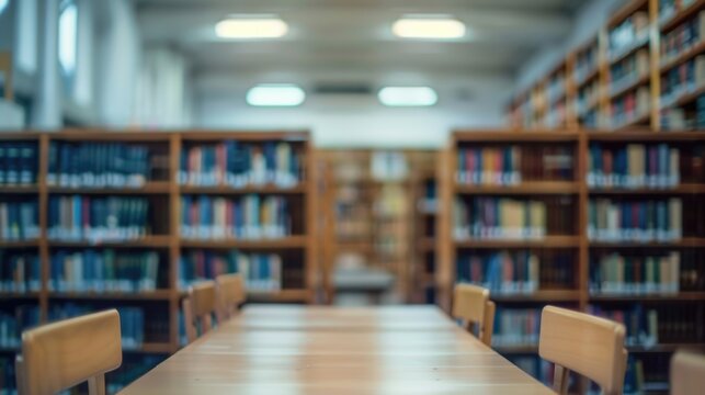A long table with chairs in a quiet library setting