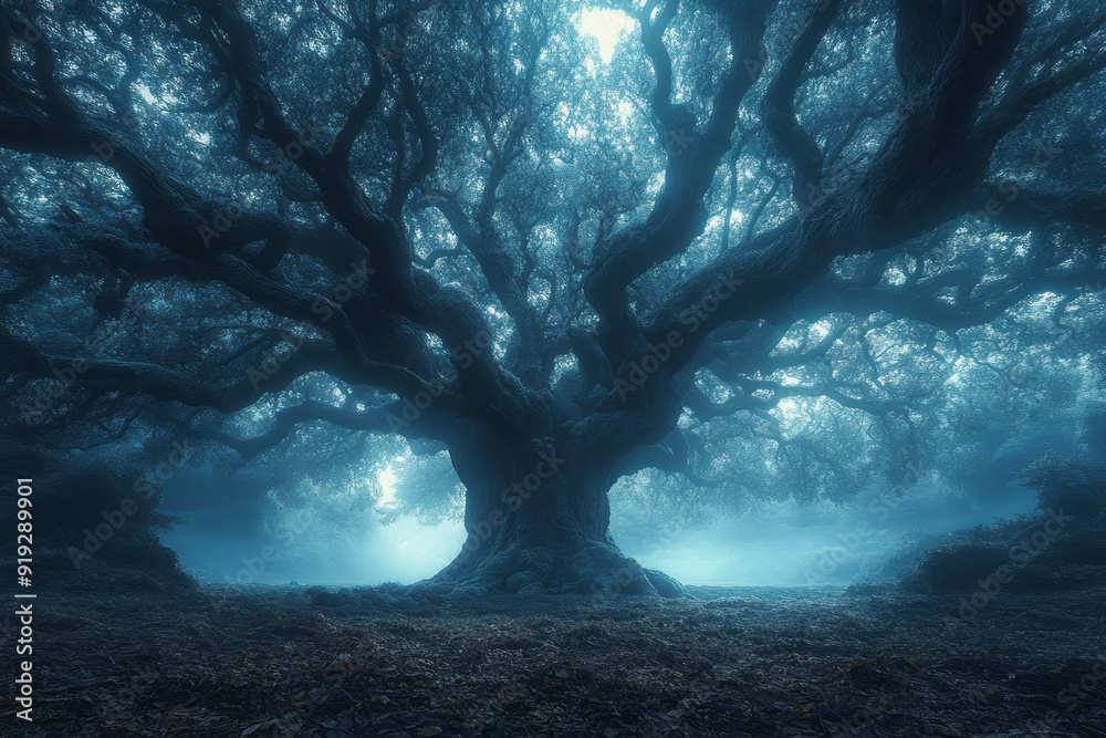 Poster ancient trees standing tall as forest sentinels, their gnarled branches forming a protective canopy 