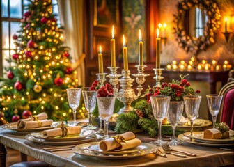 Elegant dinner table set with fine china, crystal glasses, and candles, surrounded by opulent Christmas decorations, at a luxurious English-styled restaurant or hotel.