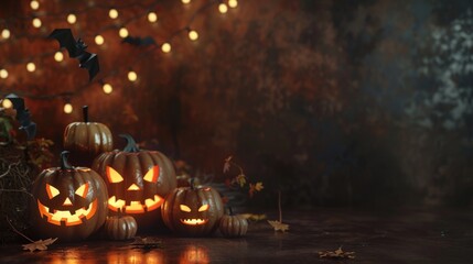 Obraz premium Spooky Halloween scene with a glowing Jack-O'-Lantern. happy Halloween. Blurred background, pumpkin and lights.
