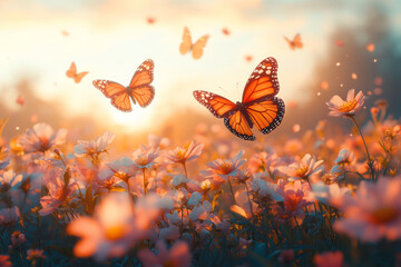 A meadow filled with colorful butterflies flitting from flower to flower, embodying the carefree essence of spring,