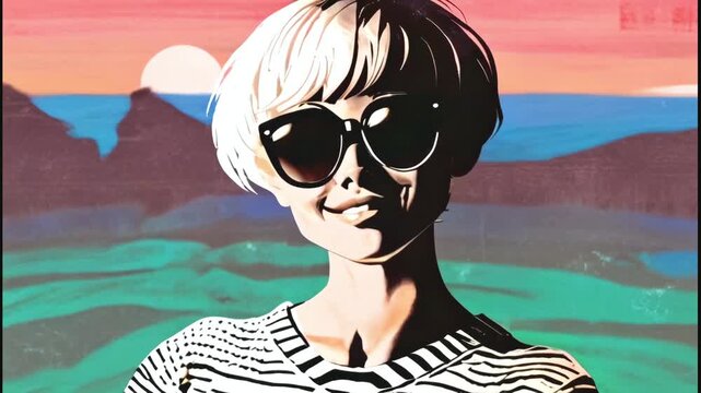 beautiful woman in sunglasses smiles happily on beach vacation in retro vintage risograph comic book cartoon drawing poster style -4k 9x16 vertical stock video footage video AI