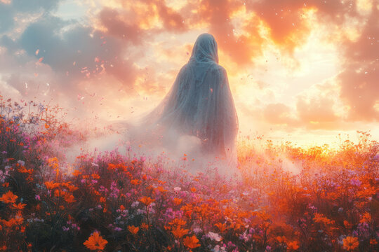 A sentinel made of shifting, colorful mist, standing in a field of wildflowers, its presence calming and protective,