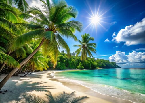 Vibrant tropical beach landscape on a sunny summer day with calm turquoise waters, lush green palms, and powdery white sand, warm sunlight casts a serene atmosphere.