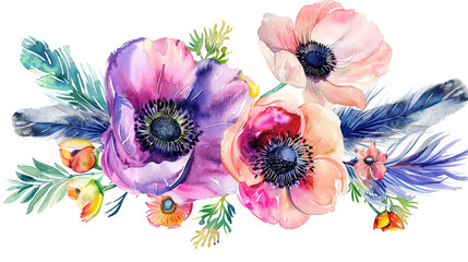 Watercolor boho anemones and feathers in dry brush style, vivid colors, clean white background