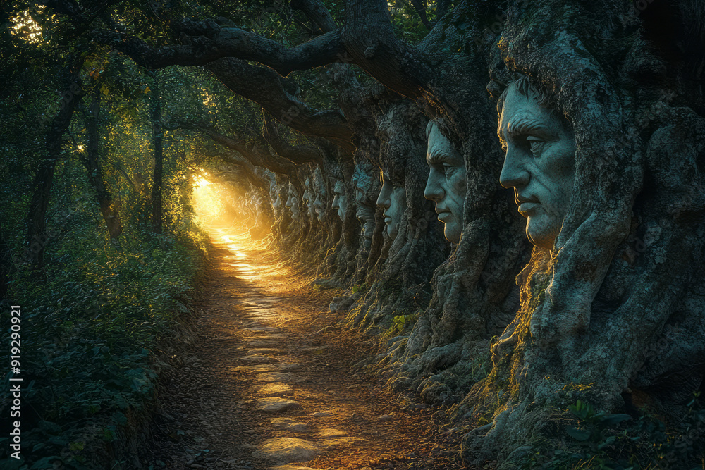 Poster a mystical pathway through the forest, lined with the forest sentinels--trees with faces carved into