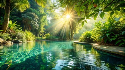 Fototapeta premium Vibrant summer atmosphere surrounds a serene pool scene with lush greenery, warm sunlight, and sparkling water, evoking feelings of relaxation and rejuvenation.