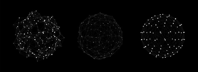 Vector futuristic set black sphere of particles and lines. Network connection big data. Abstract technology background.