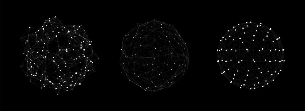 Vector futuristic set black sphere of particles and lines. Network connection big data. Abstract technology background.