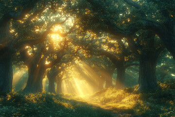 A mystical scene where the wind carries the whispers of the forest through a canopy of ancient oaks,