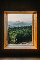 Fototapeta premium A window in a minimalist mountain retreat, with a view of a deep forest and distant peaks. 