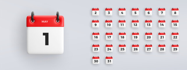 3D calendar icon with date from 1 to 31 of May on gray background. Vector schedule symbol collection.