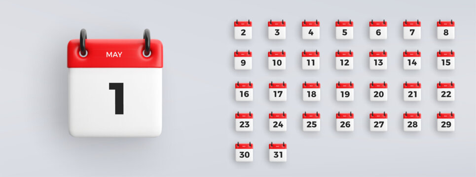 3D calendar icon with date from 1 to 31 of May on gray background. Vector schedule symbol collection.