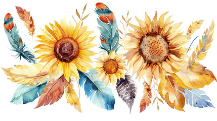 Watercolor boho sunflowers and feathers in dry brush style, vivid colors, clean white background