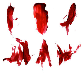 Realistic blood isolated on white background. Drops of blood and splashes of a collection of 6...