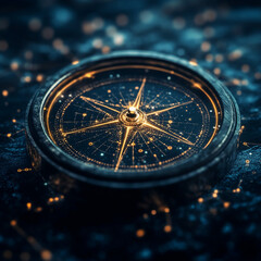 futuristic network of Digital and business transformation connected by dots to a compass shown from eye-level angle with side-lighting 