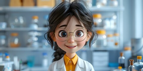 Fototapeta premium An adorable Asian girl engaged in a children's educational activity, conducting research in a laboratory with a microscope. The scene captures a playful and inquisitive atmosphere, emphasizing the imp