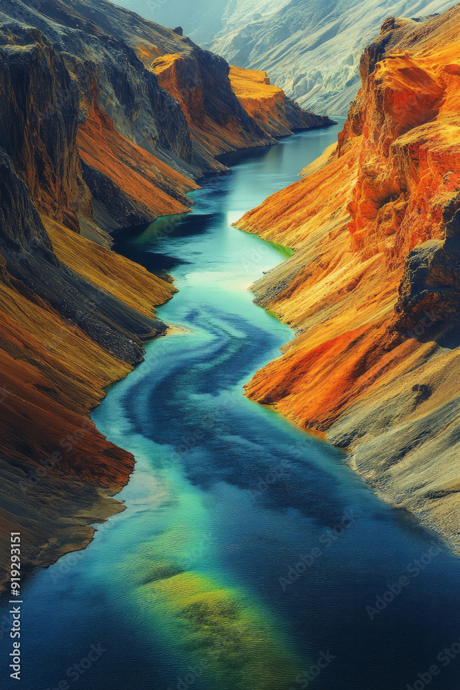 Poster a surreal landscape where rivers of liquid color flow together, creating a seamless chromatic rhapso