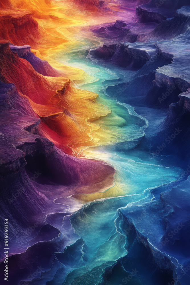 Poster a surreal landscape where rivers of liquid color flow together, creating a seamless chromatic rhapso