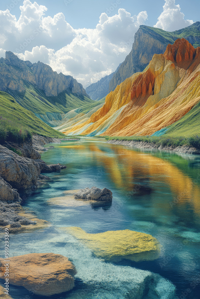 Poster a surreal landscape where rivers of liquid color flow together, creating a seamless chromatic rhapso