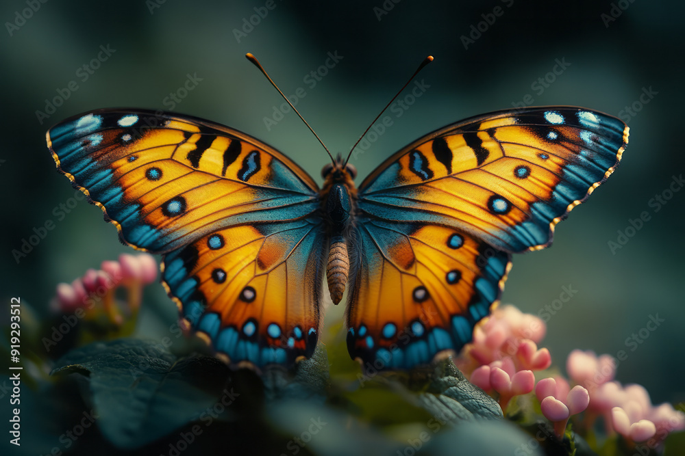 Poster A butterfly with wings that change color with every flap, creating a visual chromatic rhapsody in a vibrant garden,
